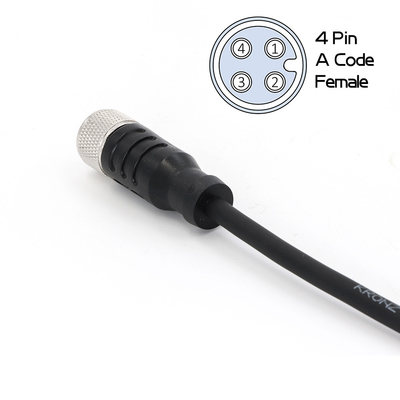 Pre Assembled Cable M12 Connector 4 Pin IP67 Straight PVC IEC 61076-2-101 Black