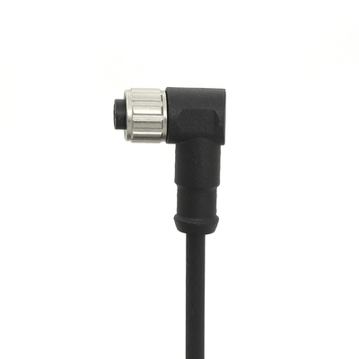 M12 Female Connectors With Molded Cable Angled 3 Pin IP67 Black Color